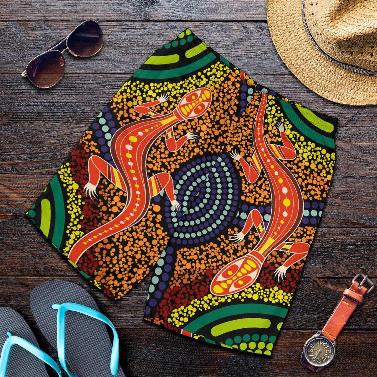 1st-australia-men-shorts-aboriginal-two-lizards-dot-painting-circle