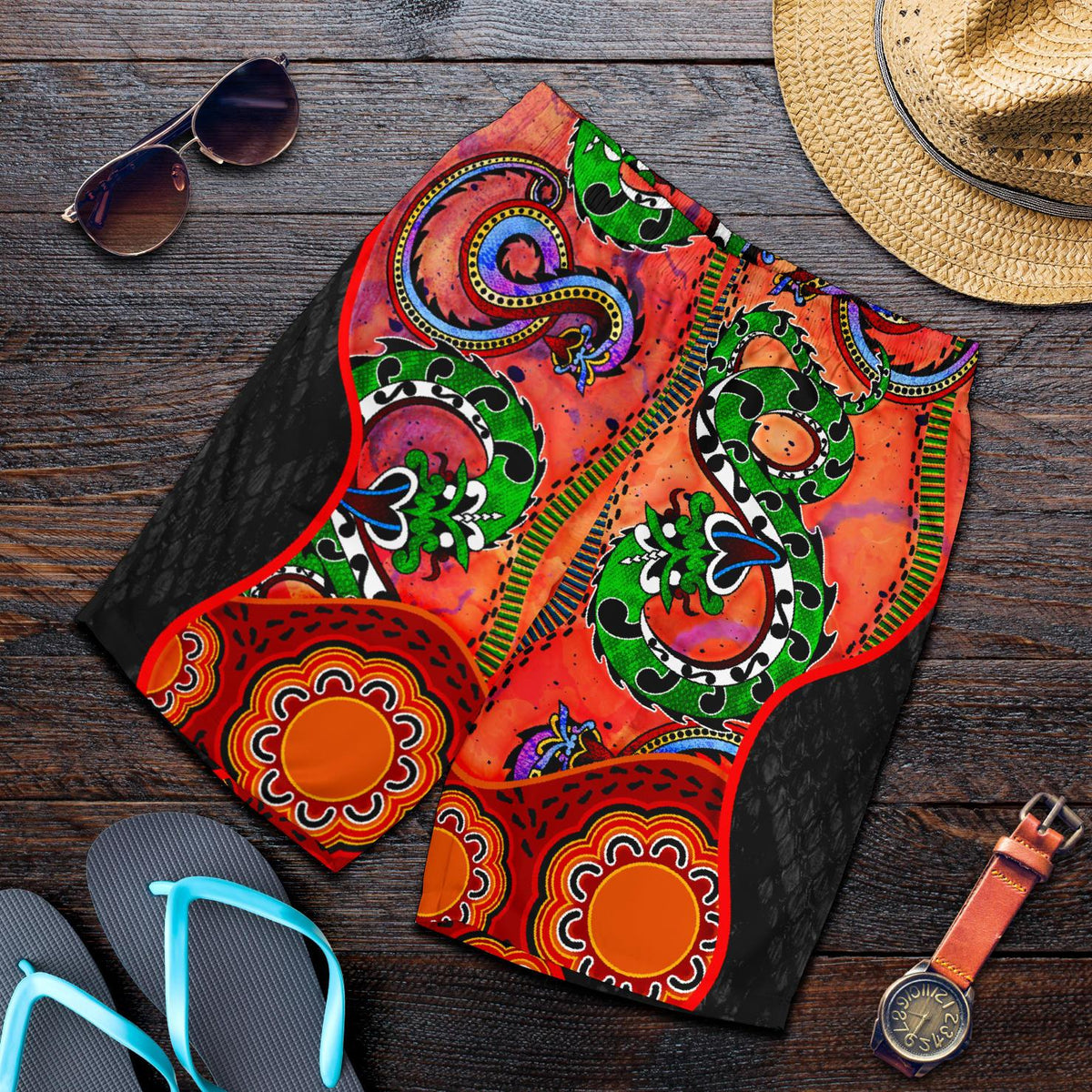 aboriginal-mens-shorts-aussie-indigenous-patterns-orange