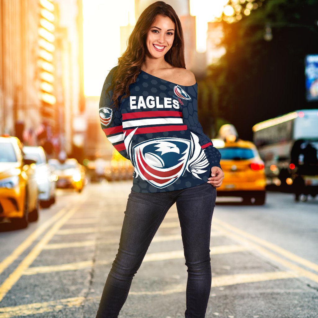 USA Rugby Women's Off Shoulder Sweater Eagles Simple Style - Full Navy - Vibe Hoodie