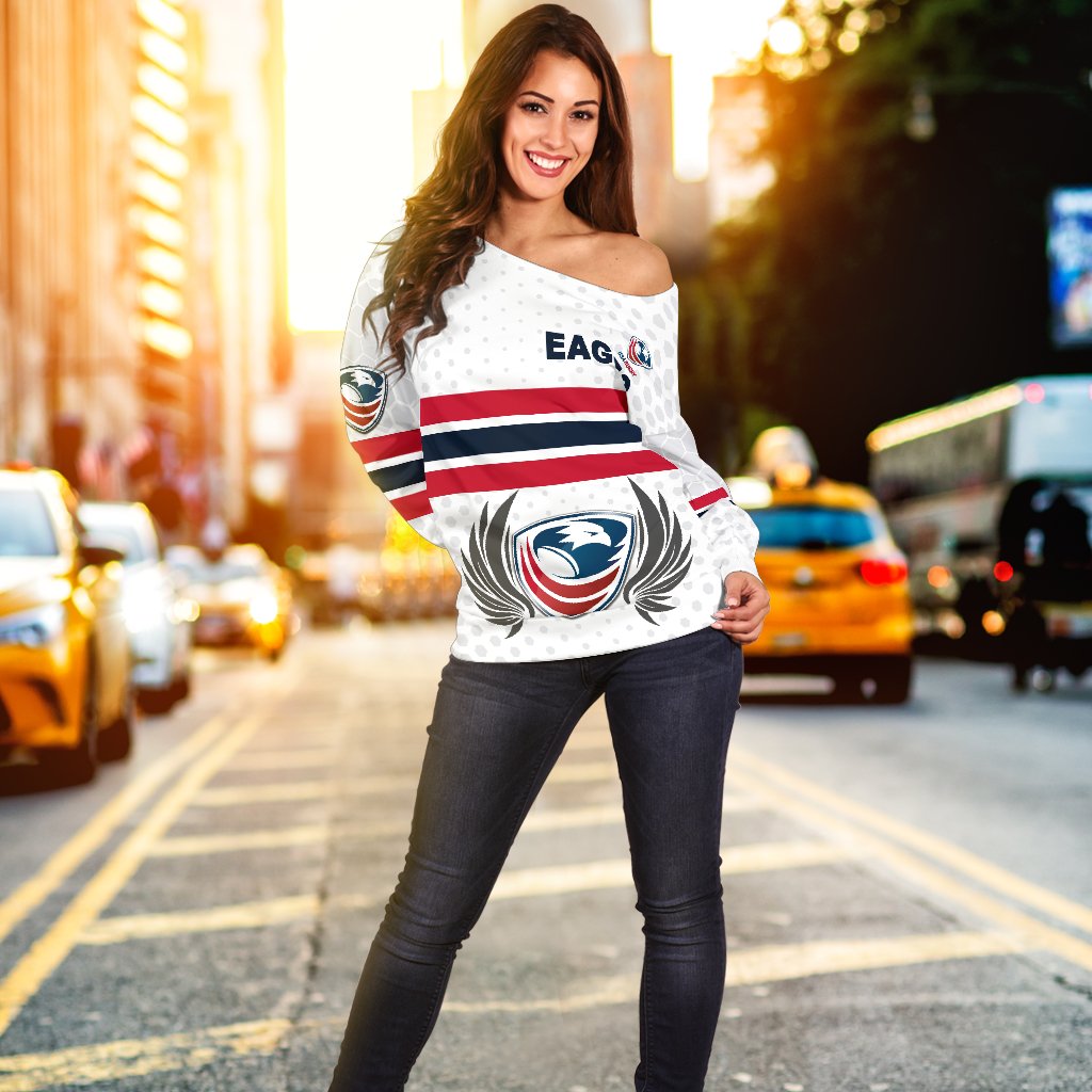 USA Rugby Women's Off Shoulder Sweater Eagles Simple Style - White - Vibe Hoodie