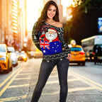 Christmas Women's Off Shoulder Sweater - Australia Santa Claus Hold The Flag ( Black) - Vibe Hoodie
