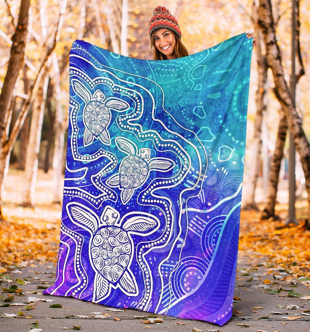aboriginal-premium-blanket-sea-turtle-with-indigenous-patterns-blue