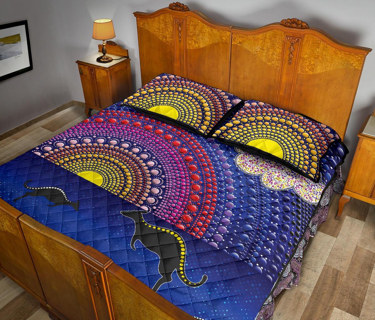 aboriginal-quilt-bed-set-sunset-over-the-sea-and-kangaroo-dot-painting