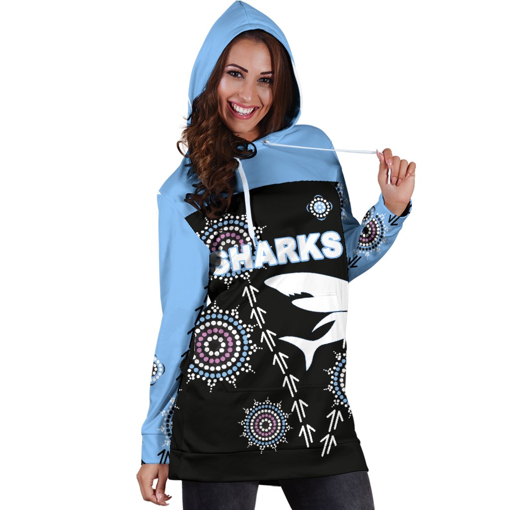 cronulla-womens-hoodie-dress-sharks-simple-indigenous-black