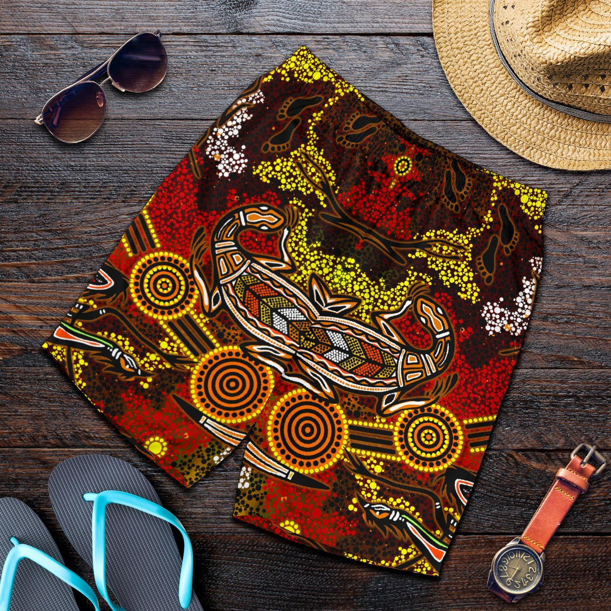 aboriginal-mens-shorts-kangaroo-and-lizard-dot-painting-art