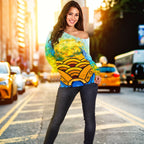 Aboriginal Women's Off Shoulder Sweater, Australia Kangaroo Sky - Vibe Hoodie