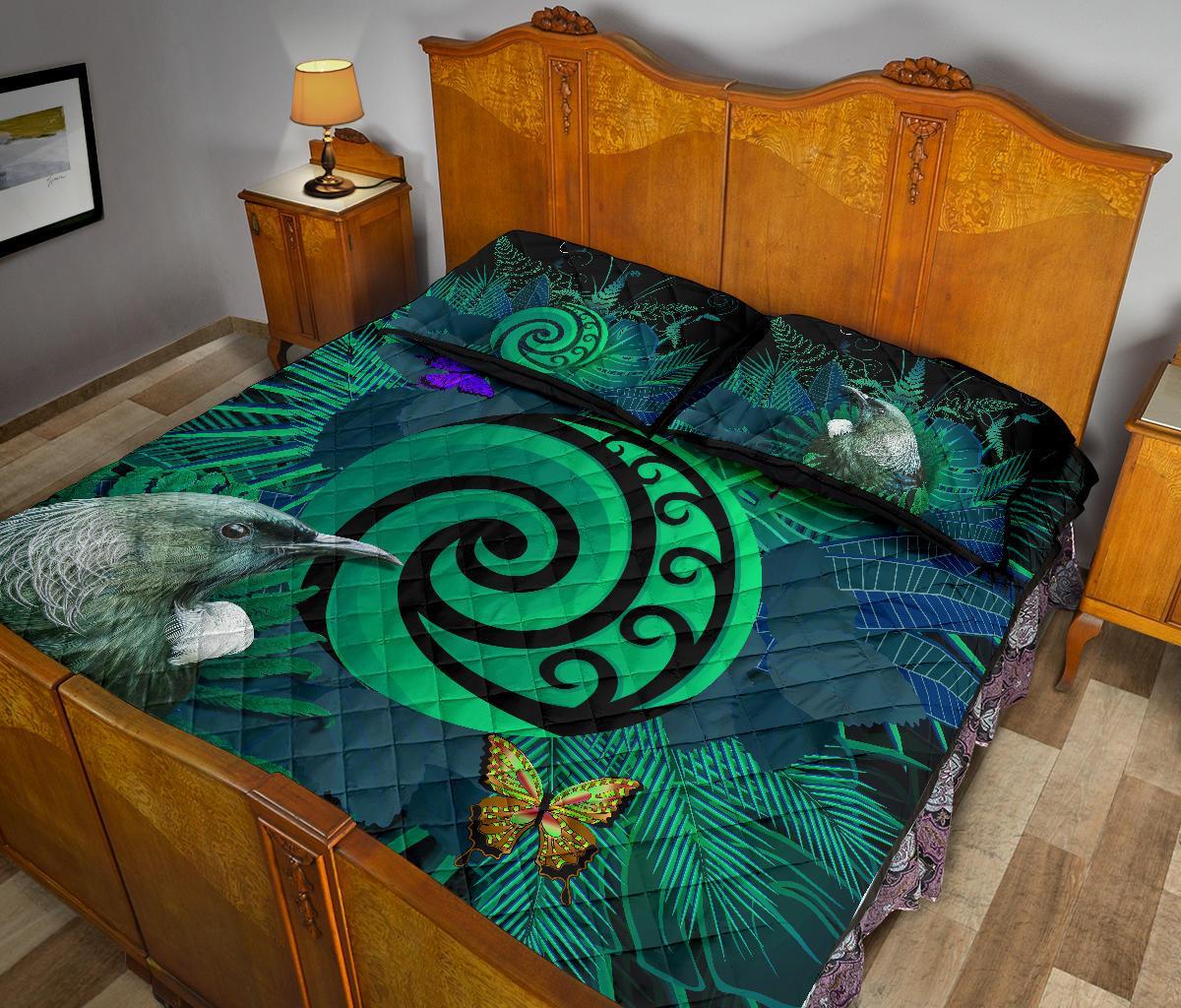 new-zealand-quilt-bed-set-koru-fern-mix-tui-bird-tropical-floral-turquoise