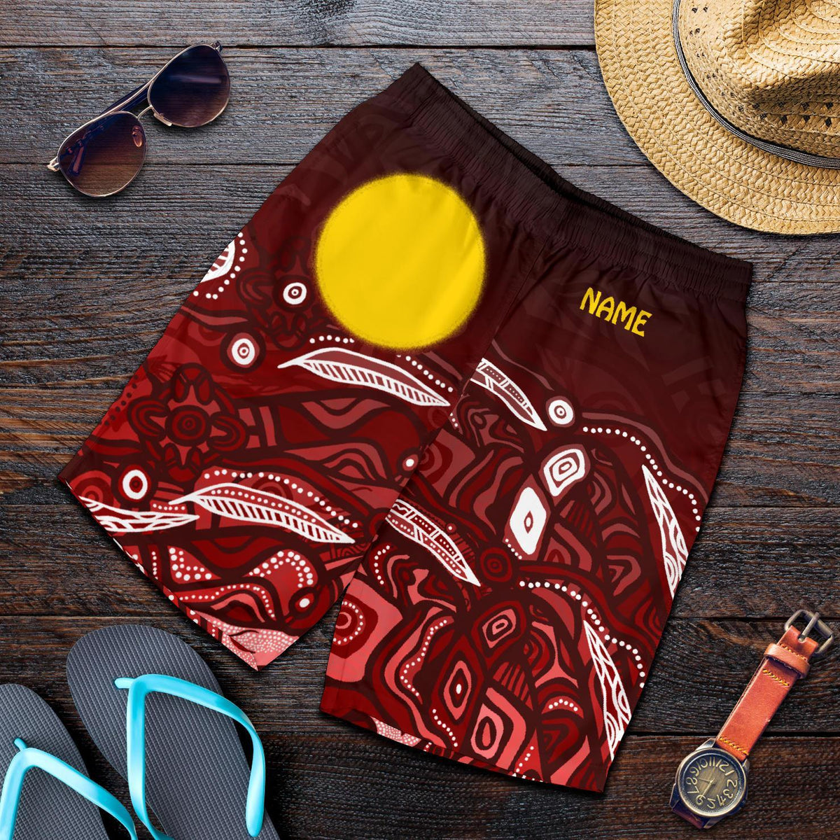 custom-text-aboriginal-mens-shorts-red-landscape