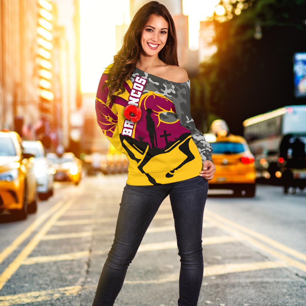 (Custom Personalised) Brisbane Broncos Women's Off Shoulder Sweater Anzac Day - Camo Style - Vibe Hoodie