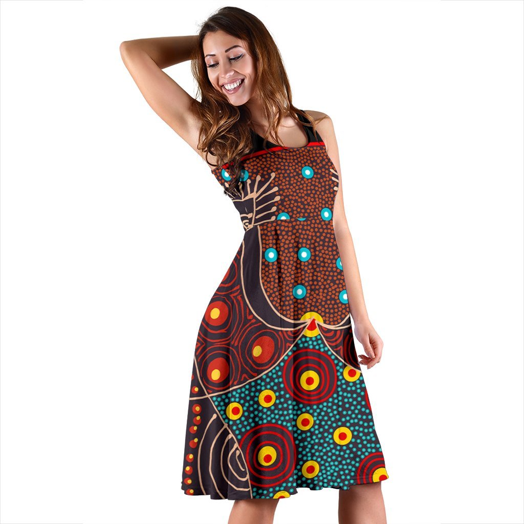 Midi Dress - Aboriginal Sublimation Dot Pattern Style (Red) - Vibe Hoodie