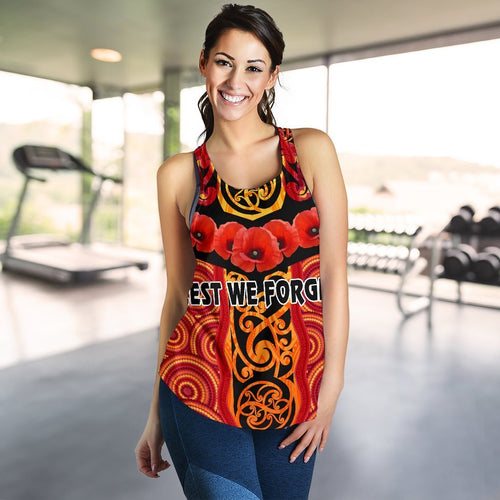 Anzac Lest We Forget Poppy Women Racerback Tank New Zealand Maori Silver Fern - Australia Aboriginal - Vibe Hoodie