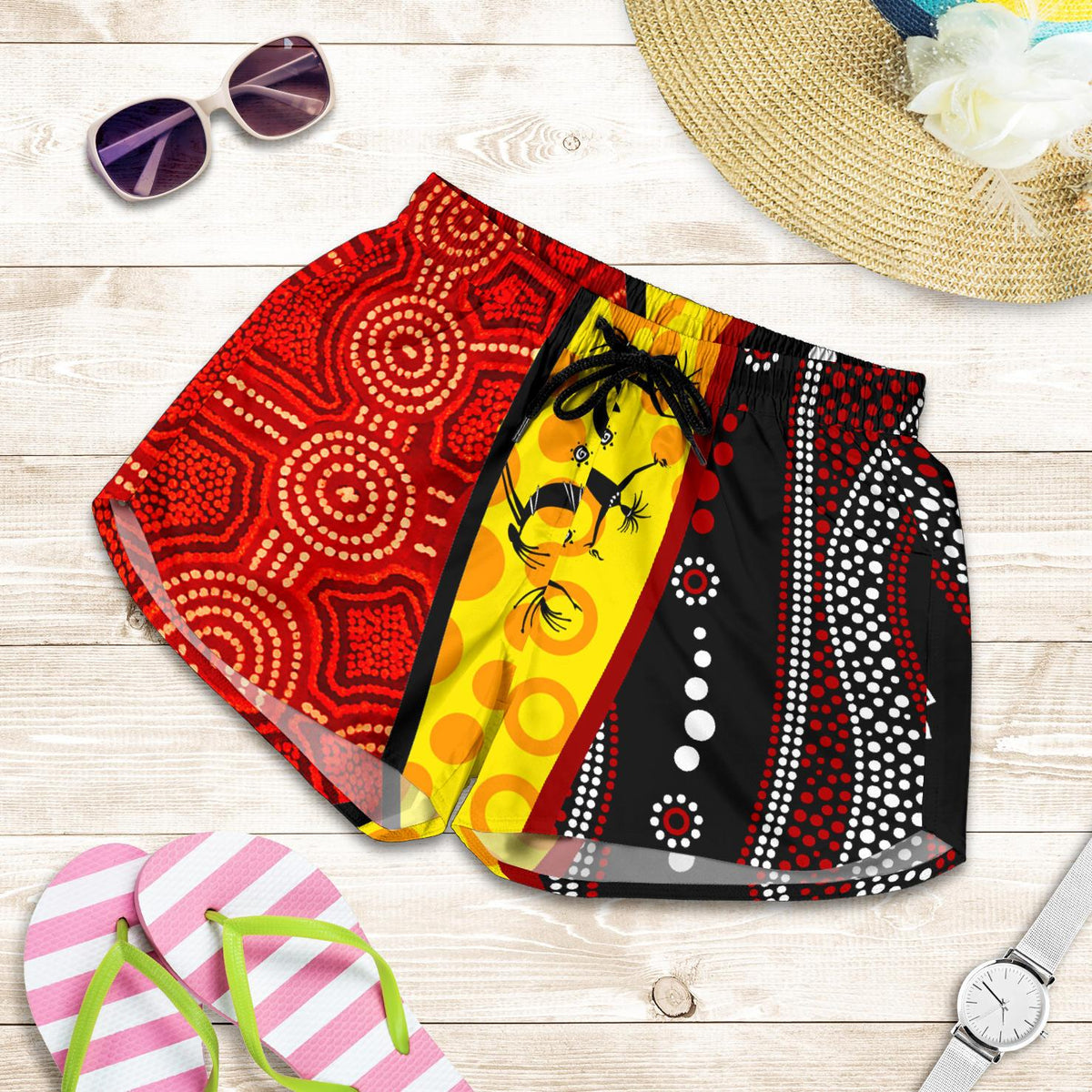 Aboriginal Women's Shorts - Dreamtime Koori Dance & Dot Acrylic Paint - Vibe Hoodie