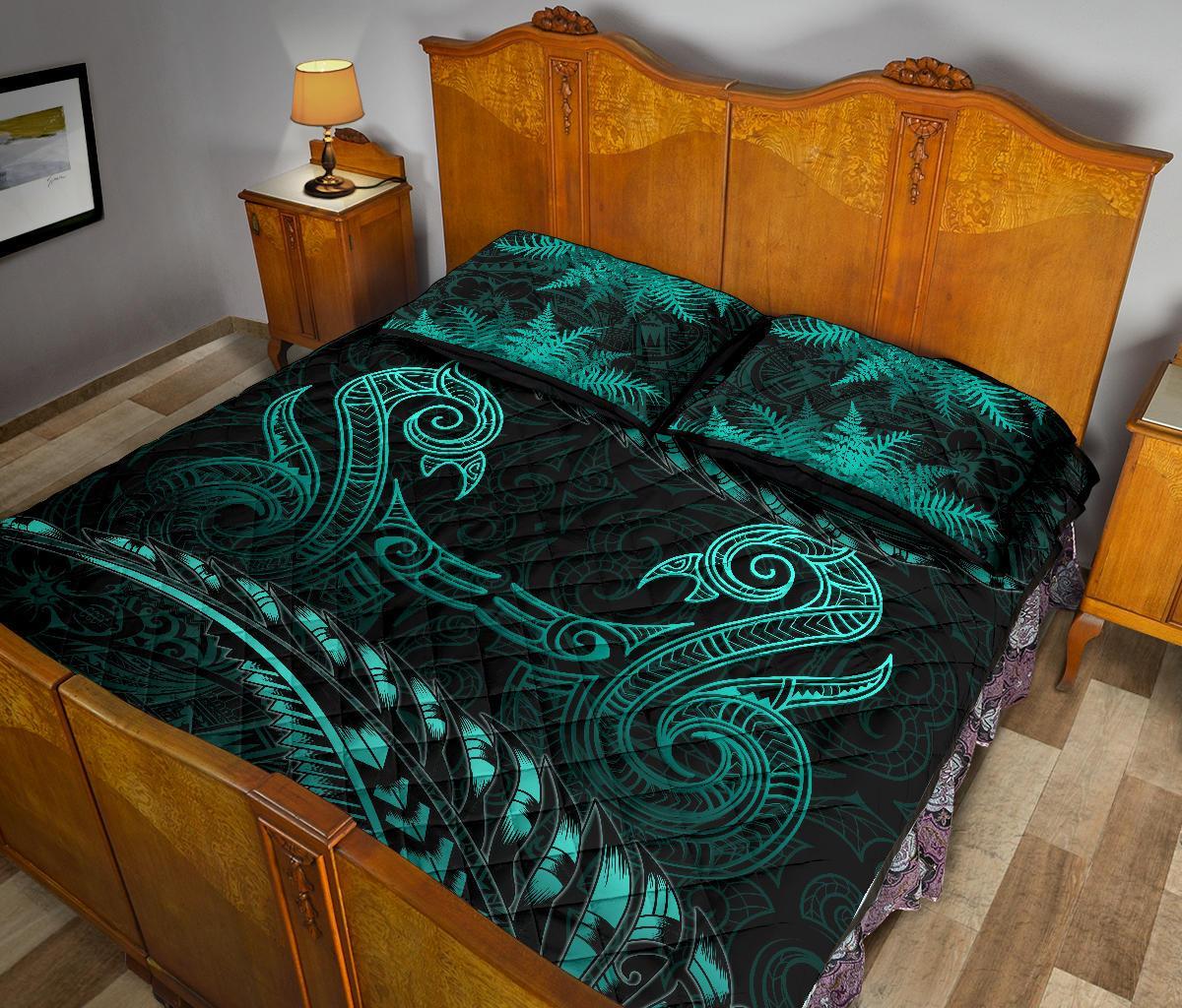 aotearoa-quilt-bed-set-turquoise-maori-manaia-with-silver-fern
