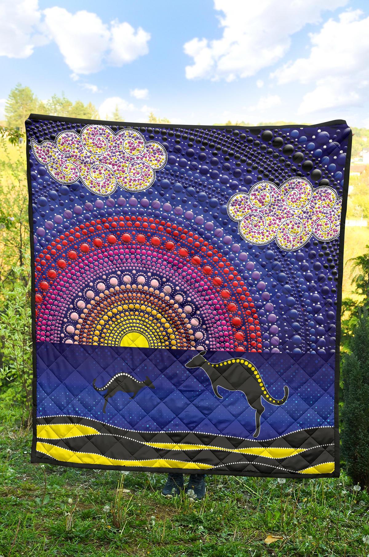 aboriginal-premium-quilt-sunset-over-the-sea-and-kangaroo-dot-painting