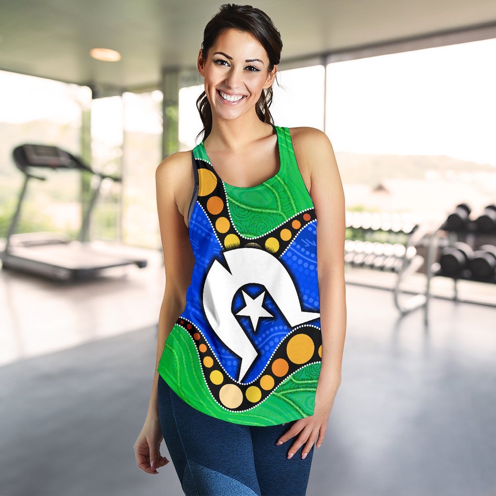 Torres Strait Islands Women's Racerback Tank -  Flag with Aboriginal Patterns - Vibe Hoodie