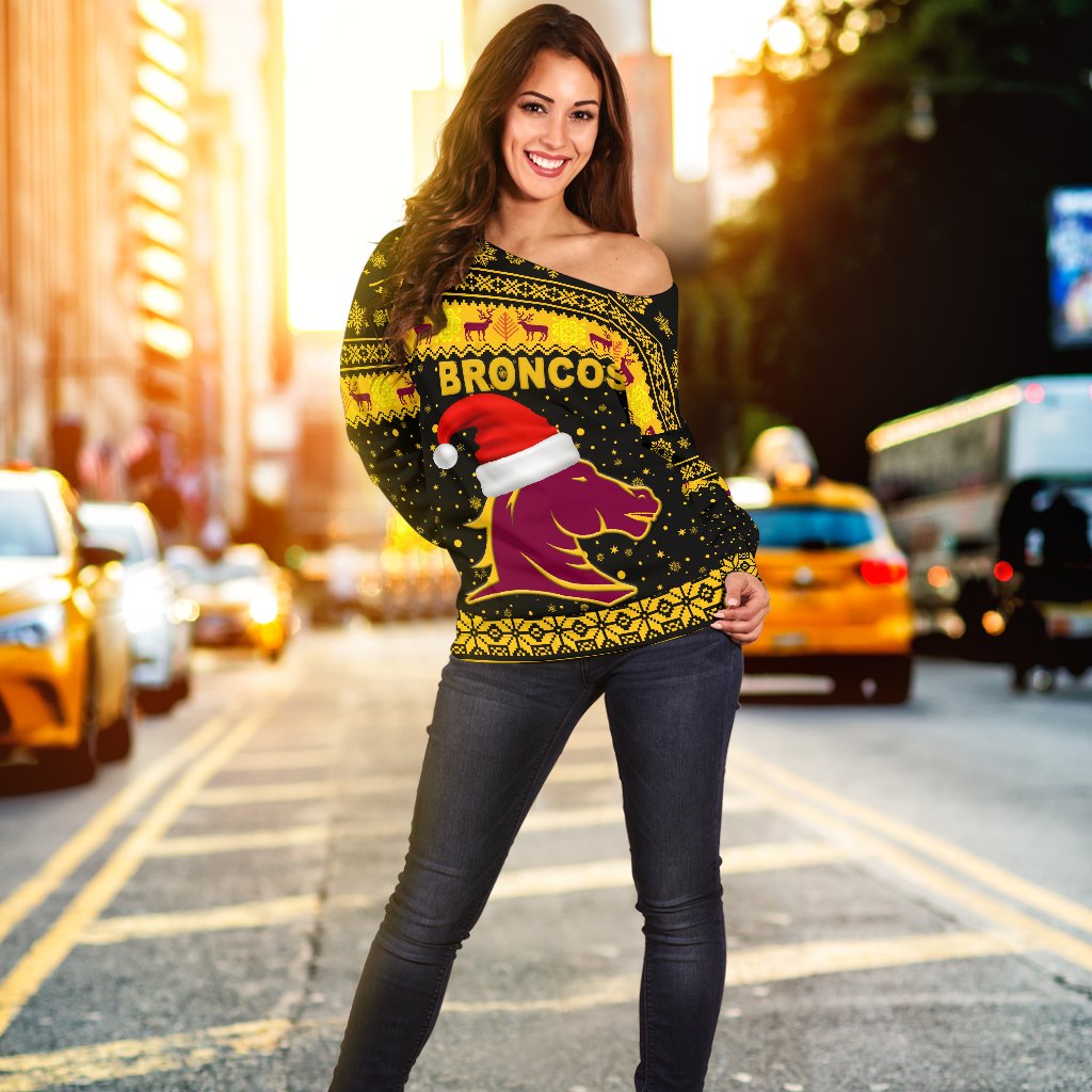 Brisbane Women Off Shoulder Sweater Broncos Christmas Unique Vibes - Black - Vibe Hoodie