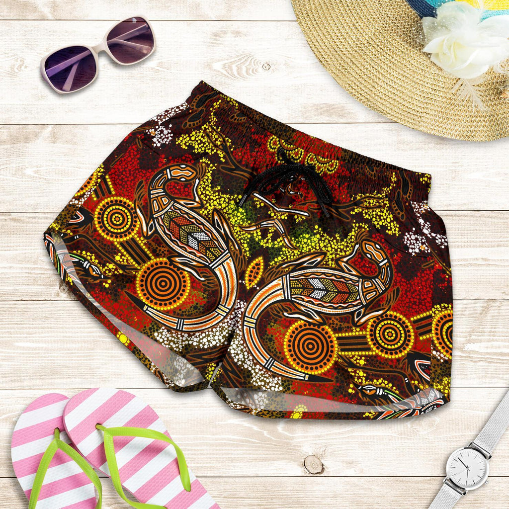 Aboriginal Women's Shorts , Kangaroo and Lizard Dot Painting Art - Vibe Hoodie