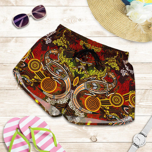 Aboriginal Women's Shorts , Kangaroo and Lizard Dot Painting Art - Vibe Hoodie