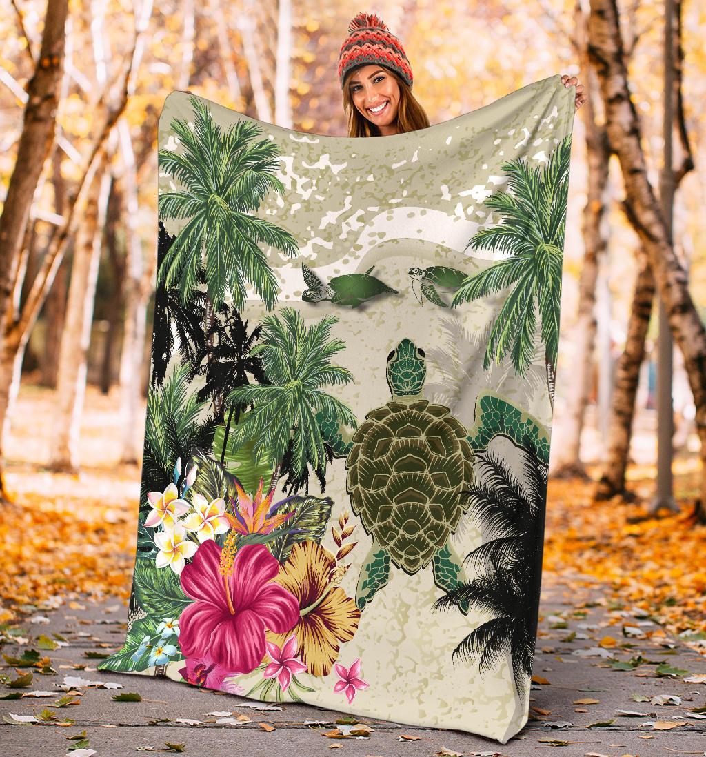 turtle-and-coconut-tree-premium-blanket-hibiscus-and-turtle-on-the-beach