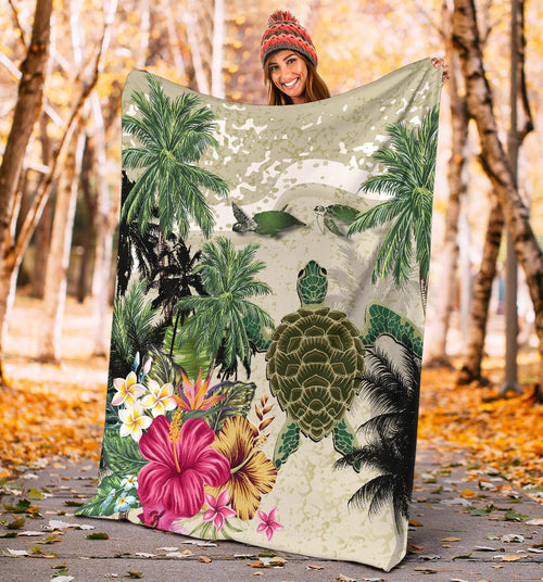 turtle-and-coconut-tree-premium-blanket-hibiscus-and-turtle-on-the-beach