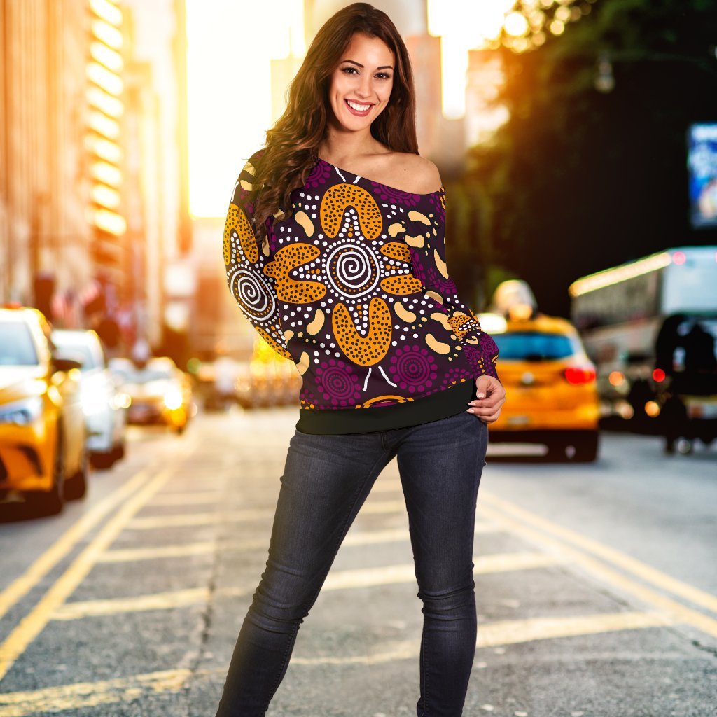 Aboriginal Women's Off Shoulder Sweater - Flowers Dot Panting Art - Vibe Hoodie