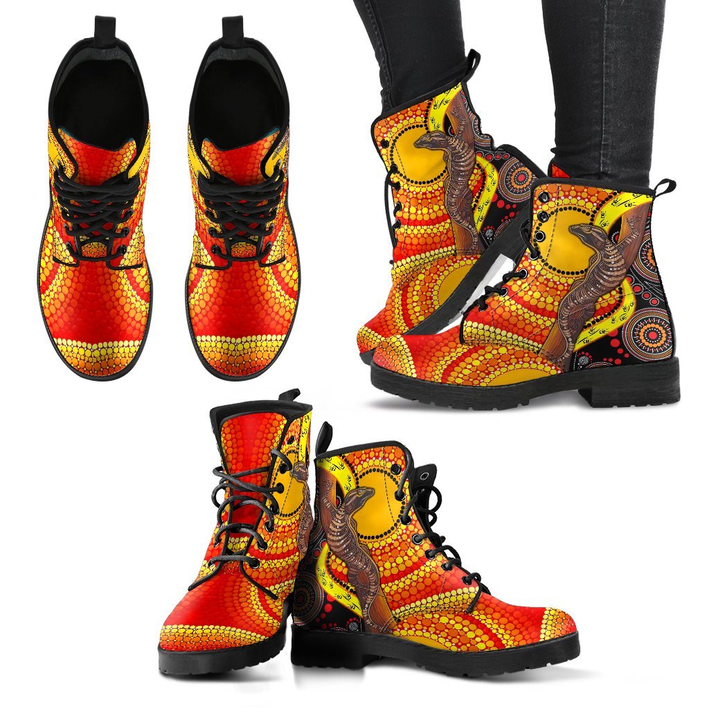 leather-boots-australian-aboriginal-dot-painting-sun-and-lizard