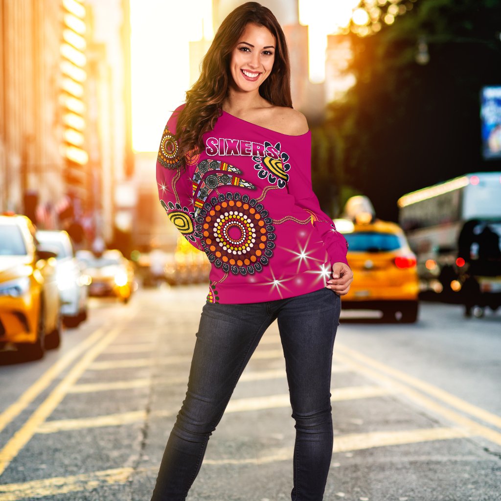 Sydney Women's Off Shoulder Sweater Sixers Indigenous - Magenta - Vibe Hoodie