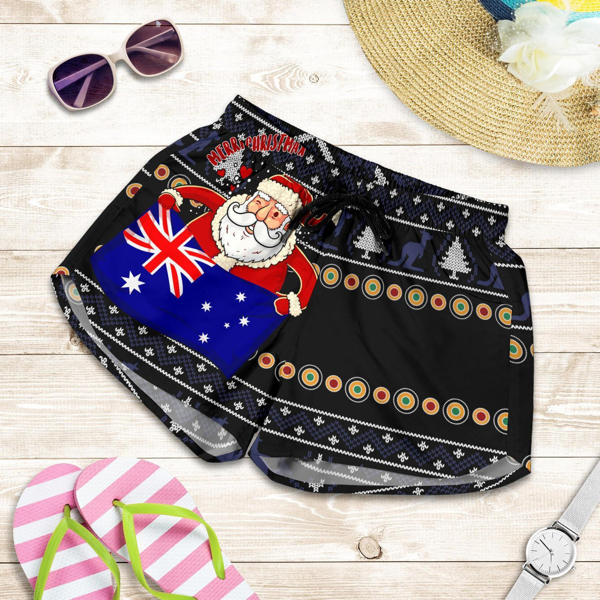 Christmas Women's Short - Australia Santa Claus Hold The Flag ( Black) - Vibe Hoodie