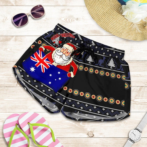 Christmas Women's Short - Australia Santa Claus Hold The Flag ( Black) - Vibe Hoodie