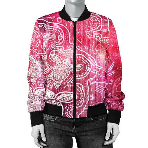 aboriginal-womens-bomber-jacket-sea-turtle-with-indigenous-patterns-pink