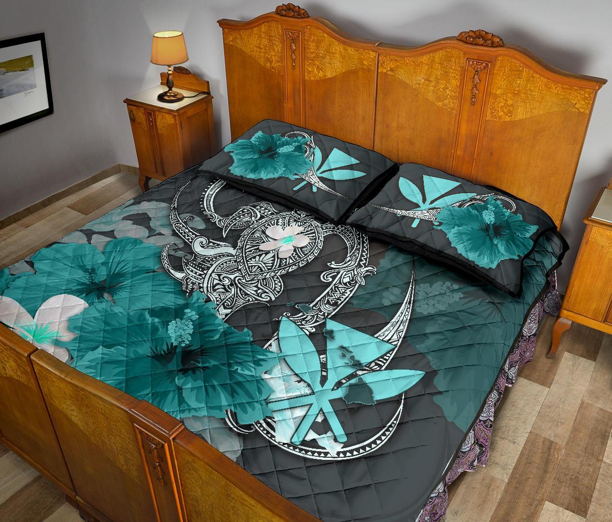 kanaka-maoli-hawaii-quilt-bed-set-hibiscus-turtle-tribal-turquoise