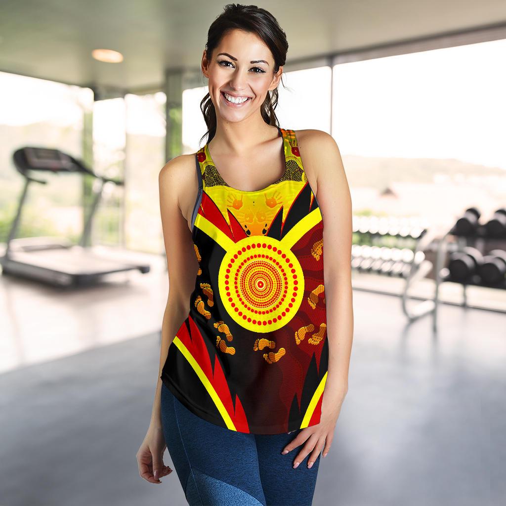 Aboriginal Women's Racerback Tank-  Indigenous Flag With Footprint Hand Art- - Vibe Hoodie