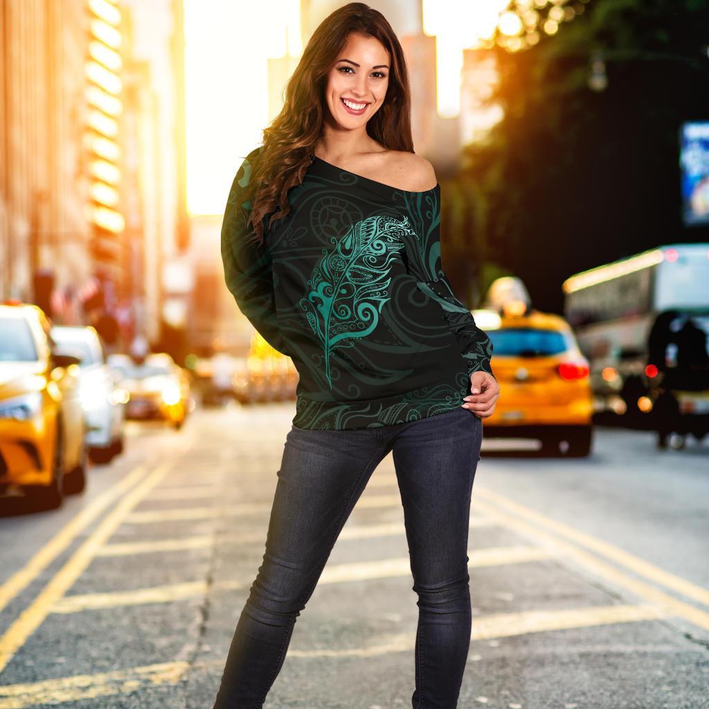 Light Silver Fern Off Shoulder Sweater - Turquoise - Vibe Hoodie