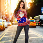 Christmas Women's Off Shoulder Sweater - Australia Santa Claus Hold The Flag ( Red) - Vibe Hoodie