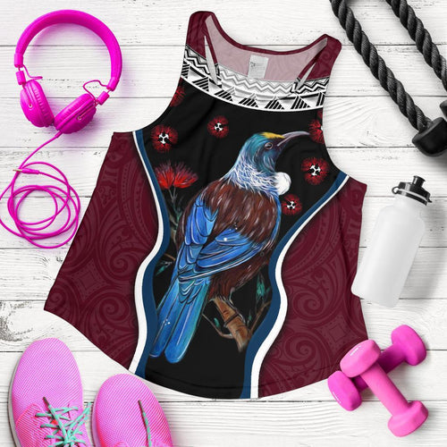 New Zealand Tui Bird Women Racerback Tank, Pohutukawa - Burgundy - Vibe Hoodie