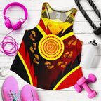 Aboriginal Women's Racerback Tank-  Indigenous Flag With Footprint Hand Art- - Vibe Hoodie