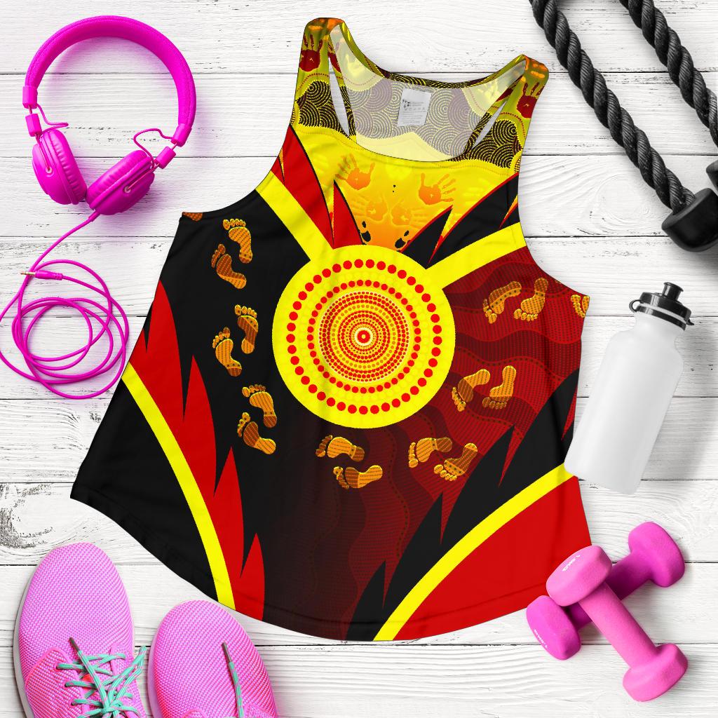 Aboriginal Women's Racerback Tank-  Indigenous Flag With Footprint Hand Art- - Vibe Hoodie