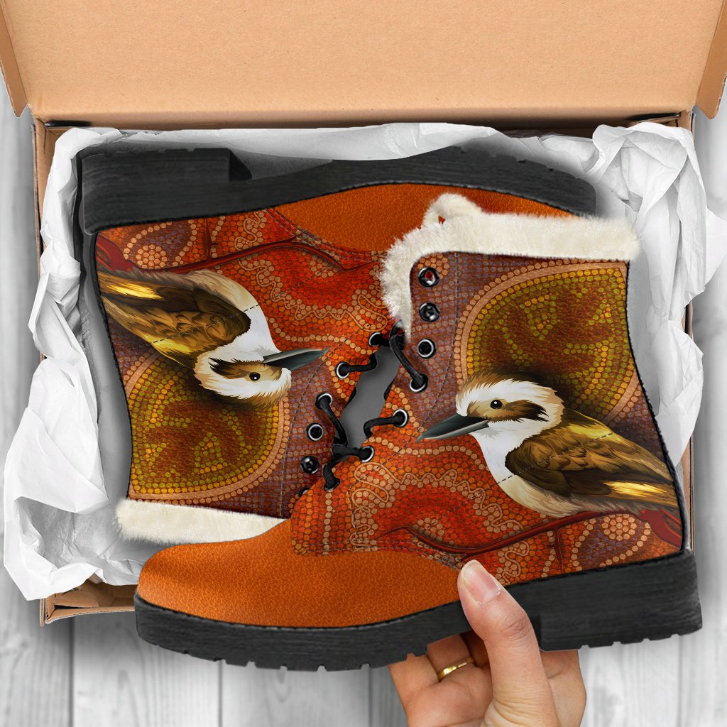 aboriginal-leather-boots-kookaburra-dot-painting-faux-fur