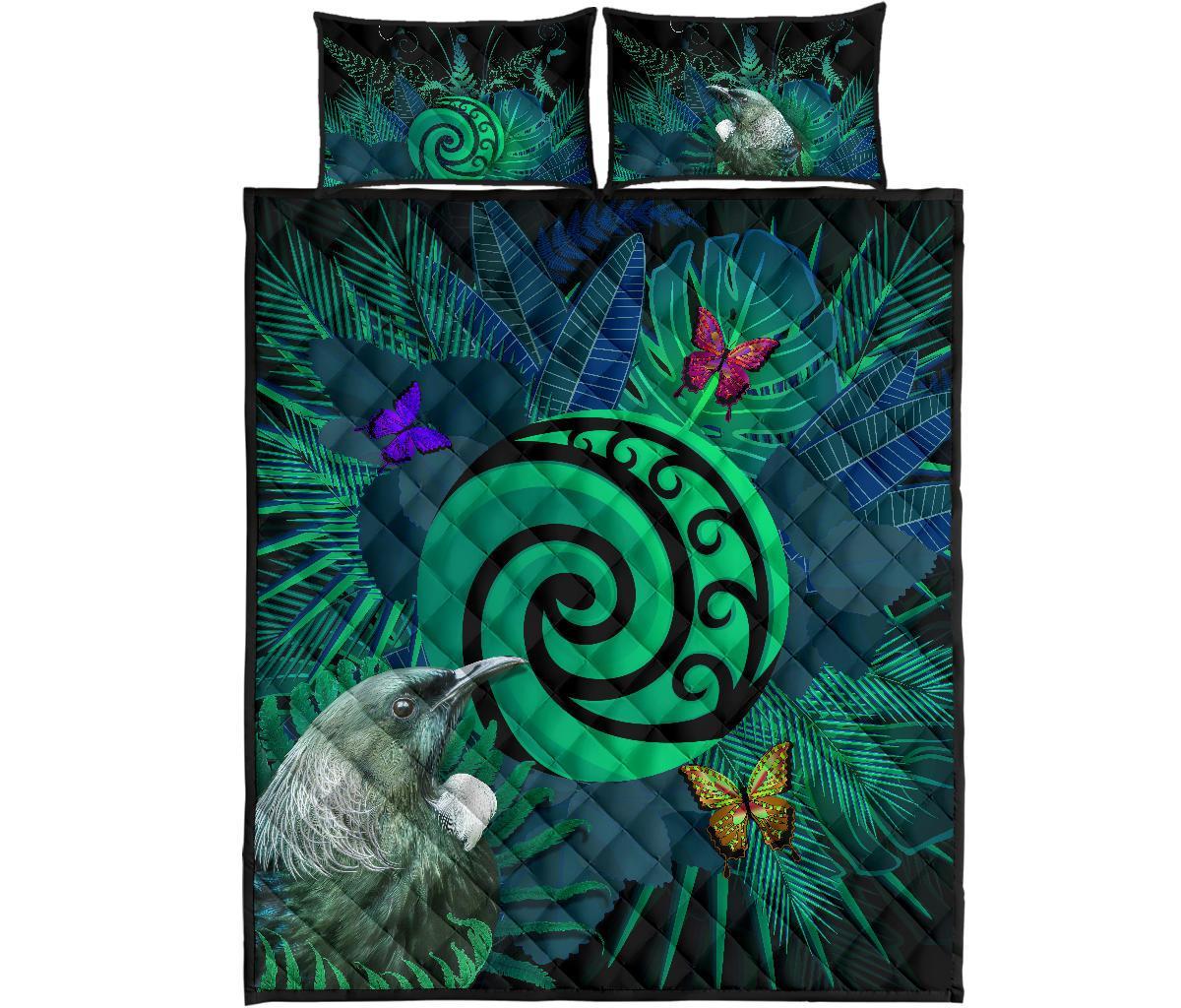 new-zealand-quilt-bed-set-koru-fern-mix-tui-bird-tropical-floral-turquoise