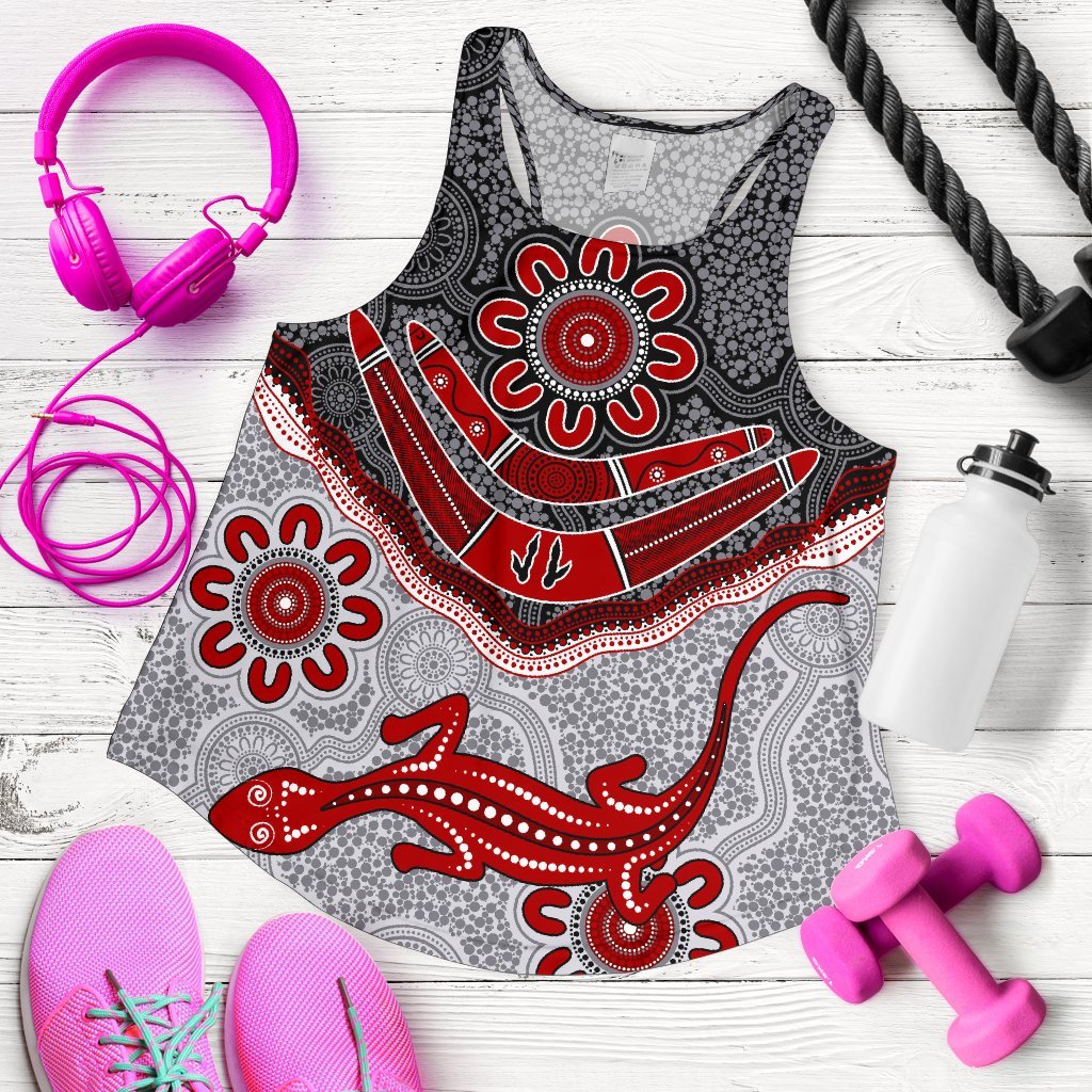 Aboriginal Women's Racerback Tank - Indigenous Boomerang and Lizard Art - Vibe Hoodie