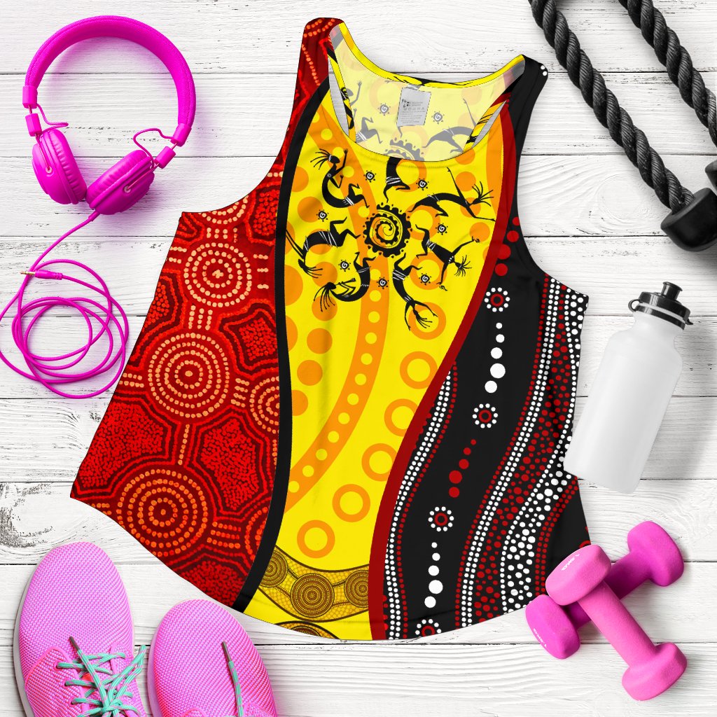 Aboriginal Racerback Tank - Dreamtime Koori Dance & Dot Acrylic Paint - Vibe Hoodie