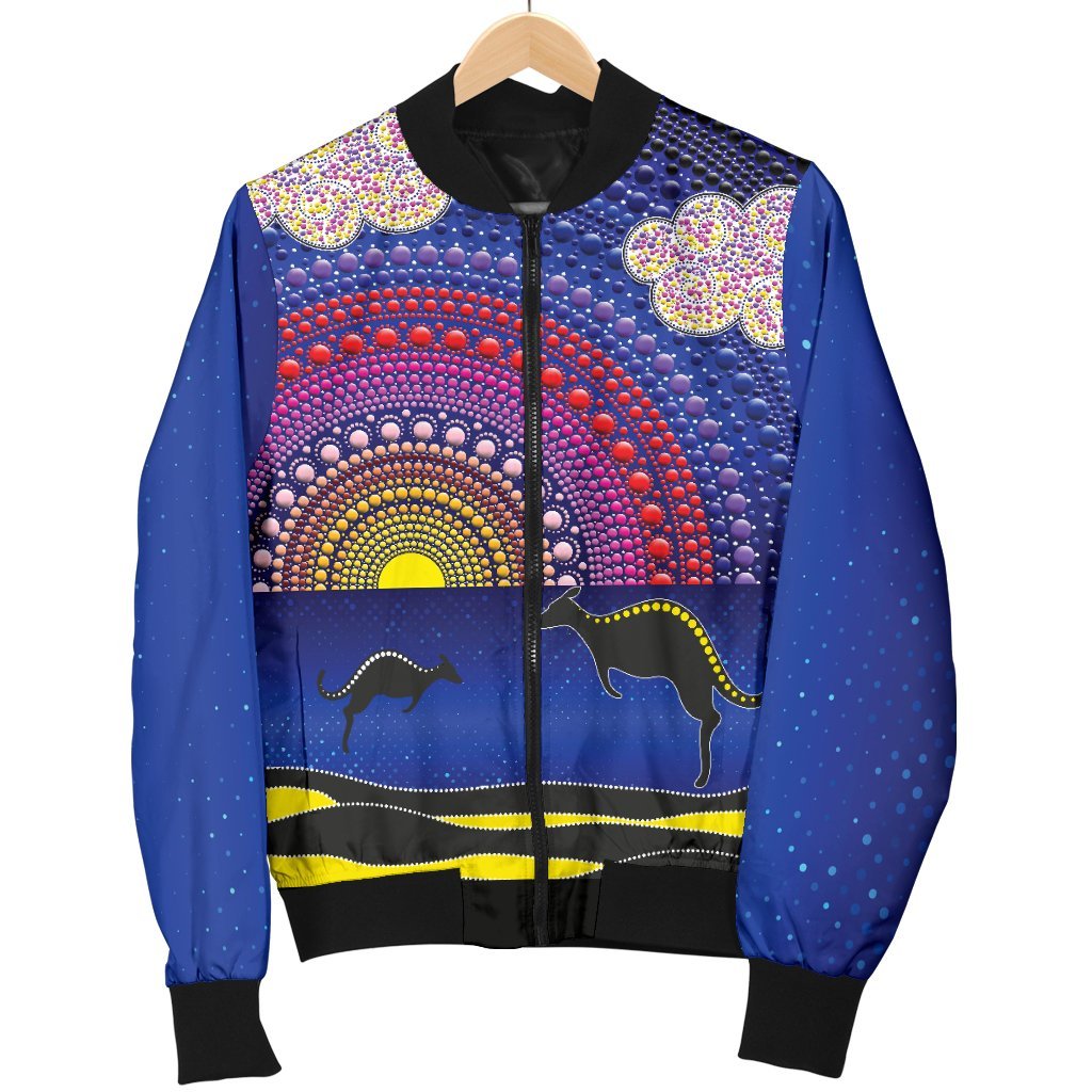 aboriginal-mens-bomber-jacket-sunset-over-the-sea-and-kangaroo-dot-painting
