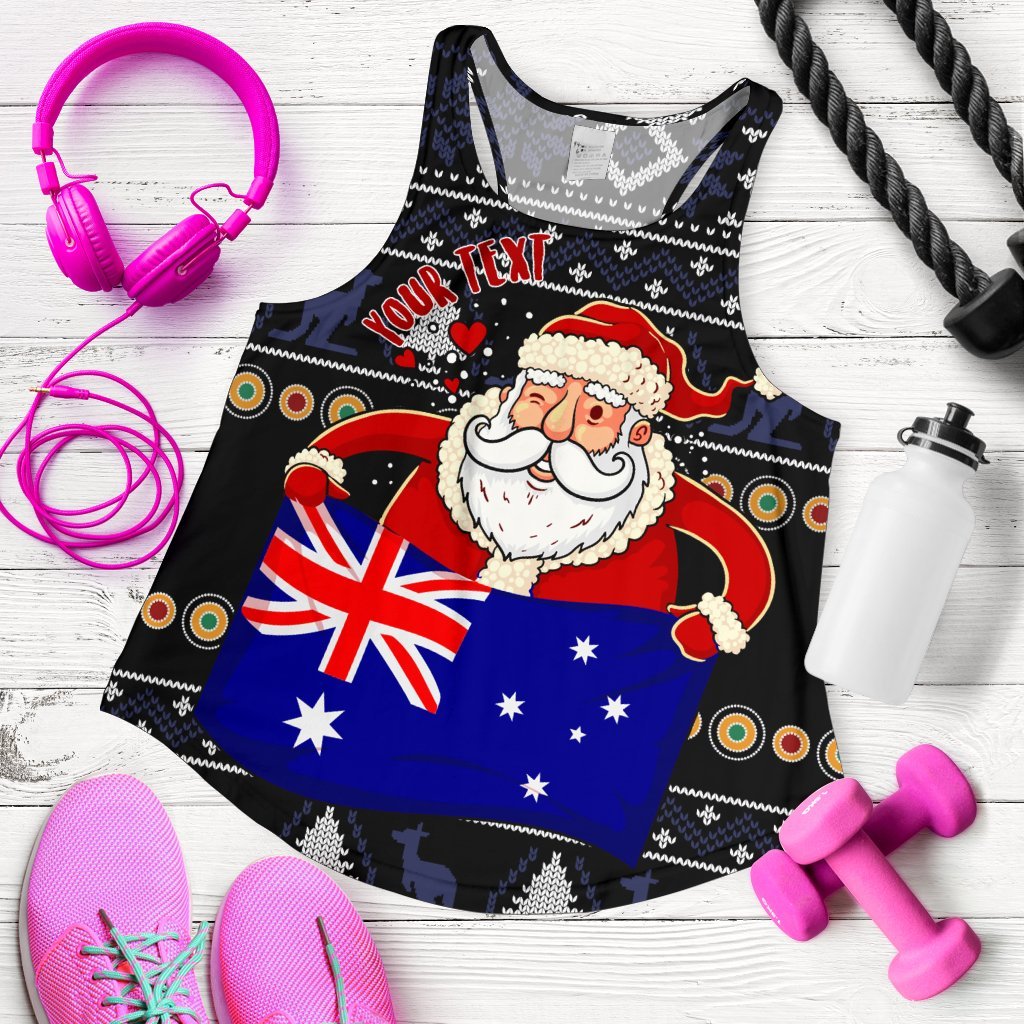 Christmas  Personalised Women's Racerback Tank - Australia Santa Claus Hold The Flag ( Black) - Vibe Hoodie