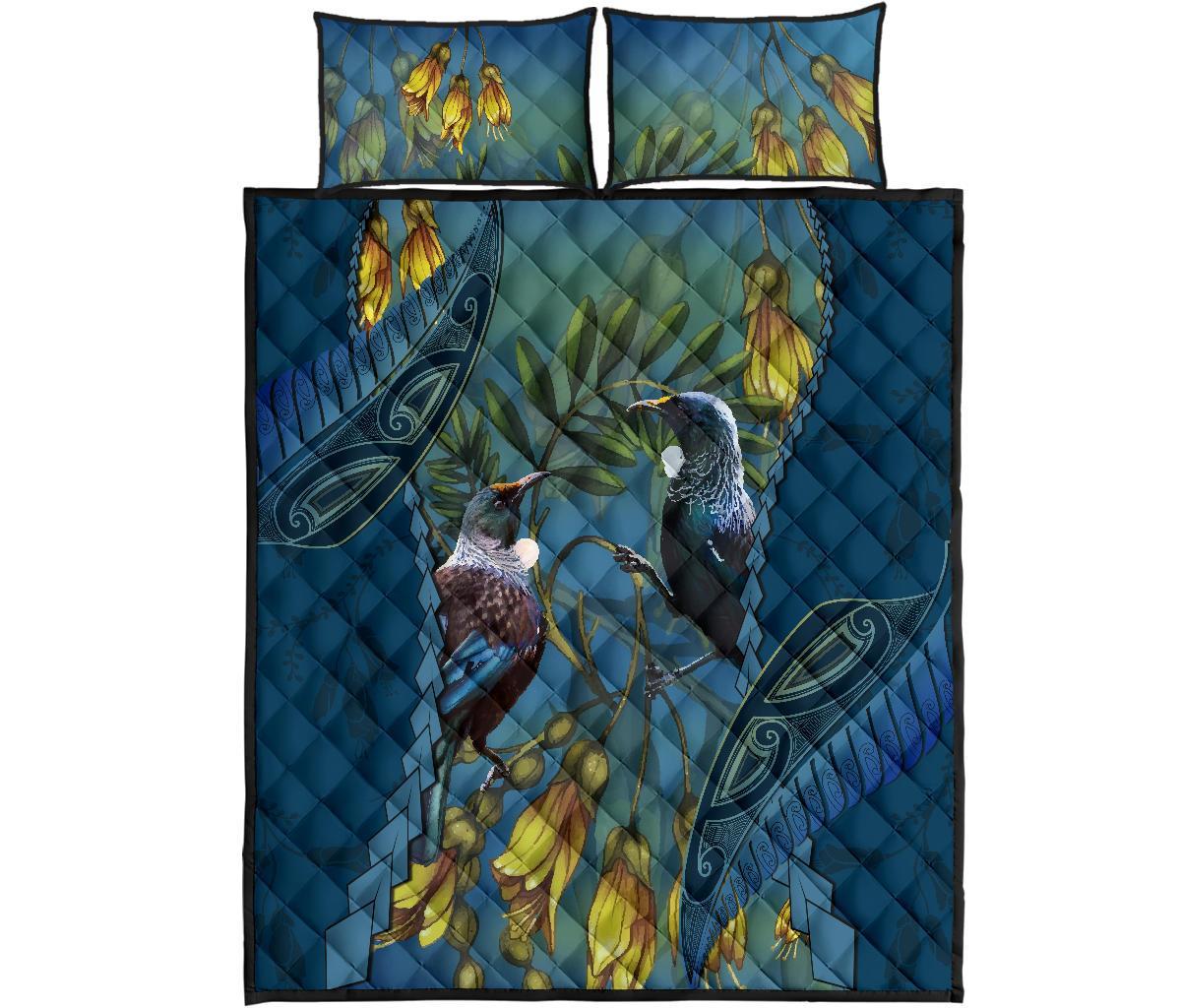 tui-bird-mix-kowhai-and-silver-fern-quilt-bed-set-blue