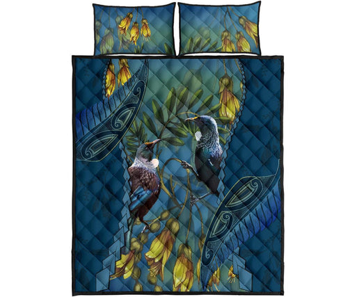 tui-bird-mix-kowhai-and-silver-fern-quilt-bed-set-blue