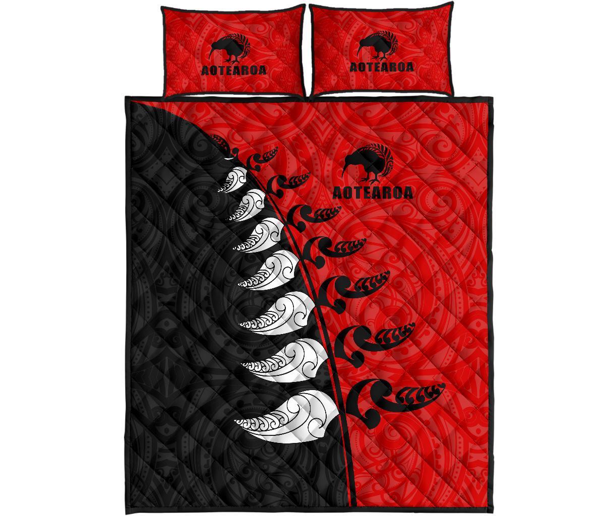 quilt-bed-set-nz-aotearoa-silver-fern-koru-style-red