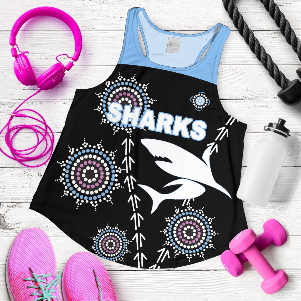 Cronulla Women's Racerback Tank Sharks Simple Indigenous - Black - Vibe Hoodie