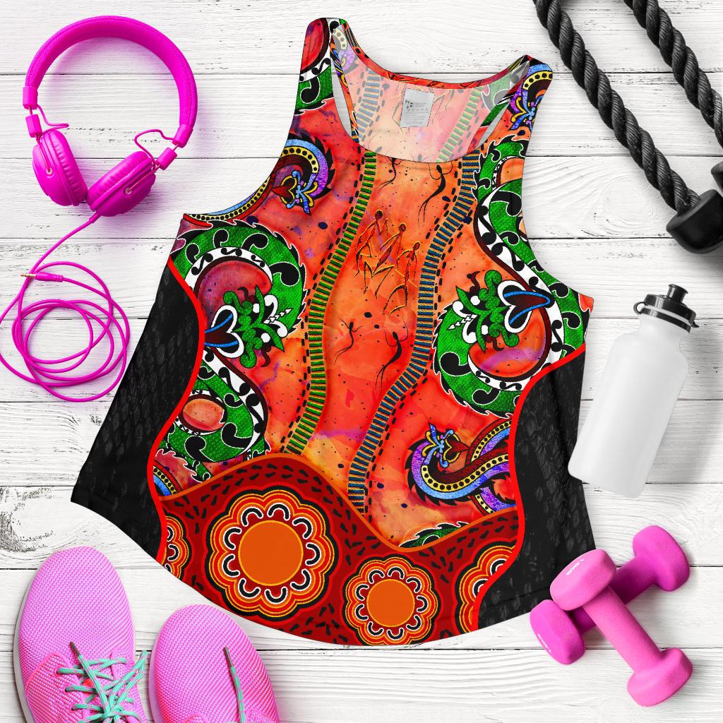 Aboriginal Women's Racerback Tank - Aussie Indigenous Patterns Orange - Vibe Hoodie