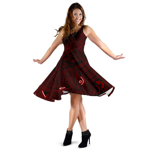 New Zealand Maori Gods Women Midi Dress Tumatauenga (God of War) - Red - Vibe Hoodie
