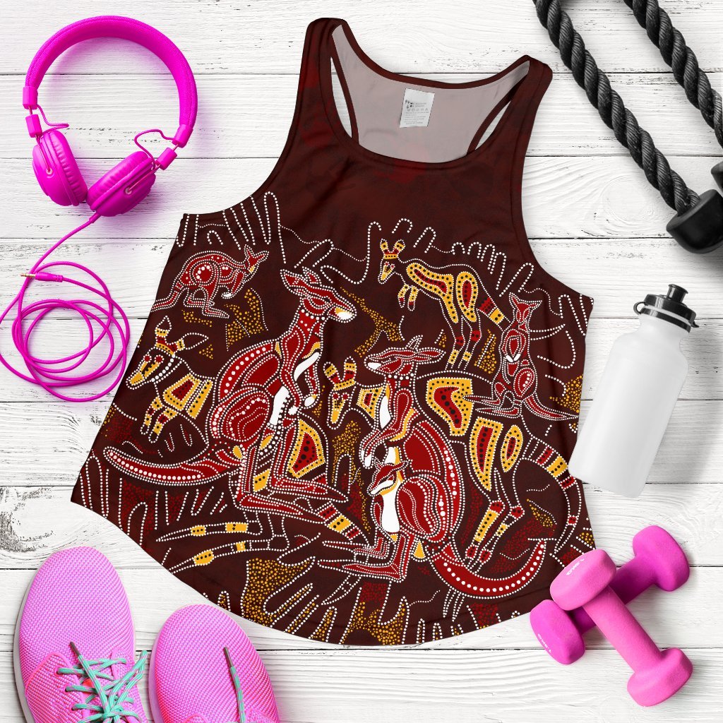 Aboriginal Women's Racerback Tank - Kangaroo family with Hand Art - Vibe Hoodie